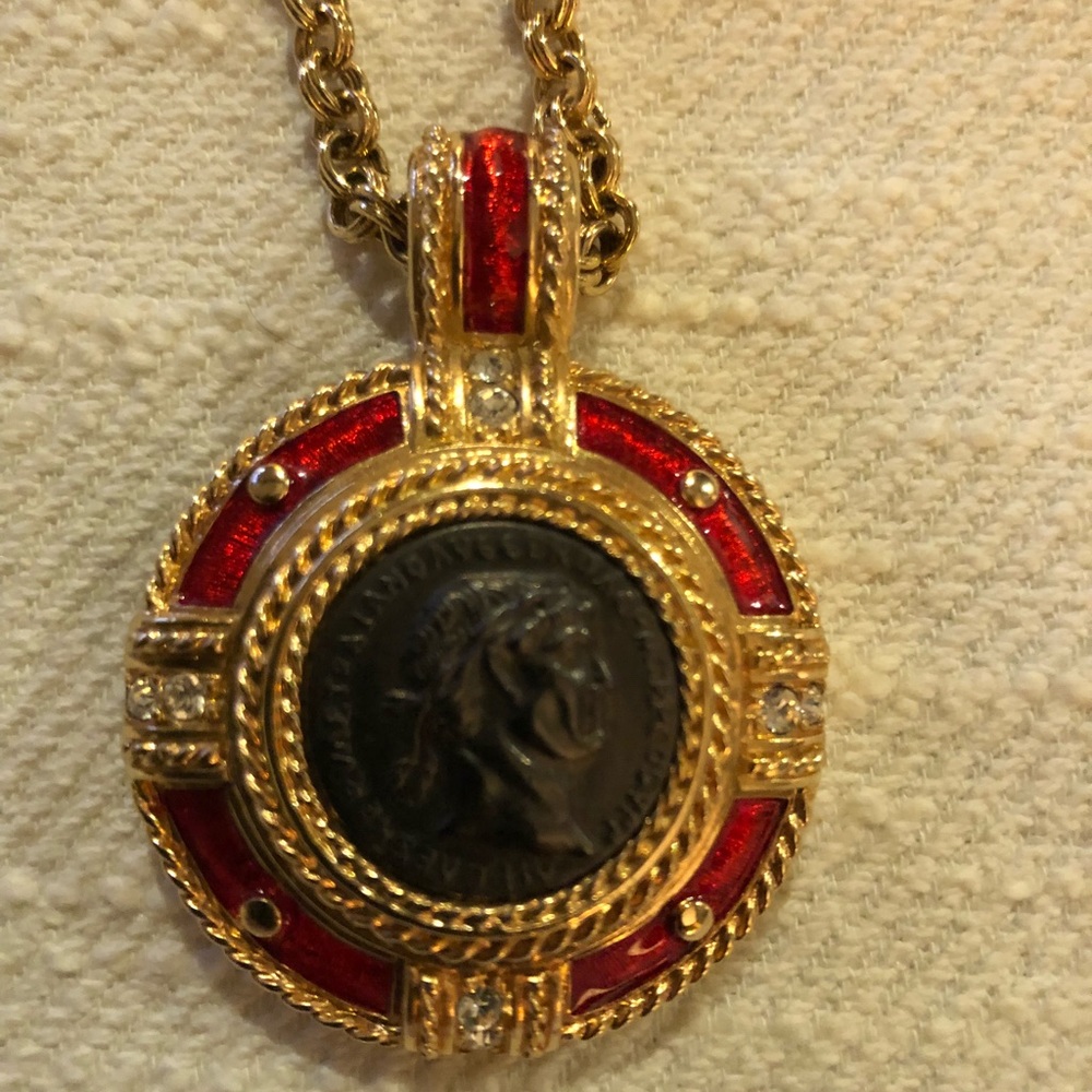 Swarovski gold and red enamel pendant necklace
